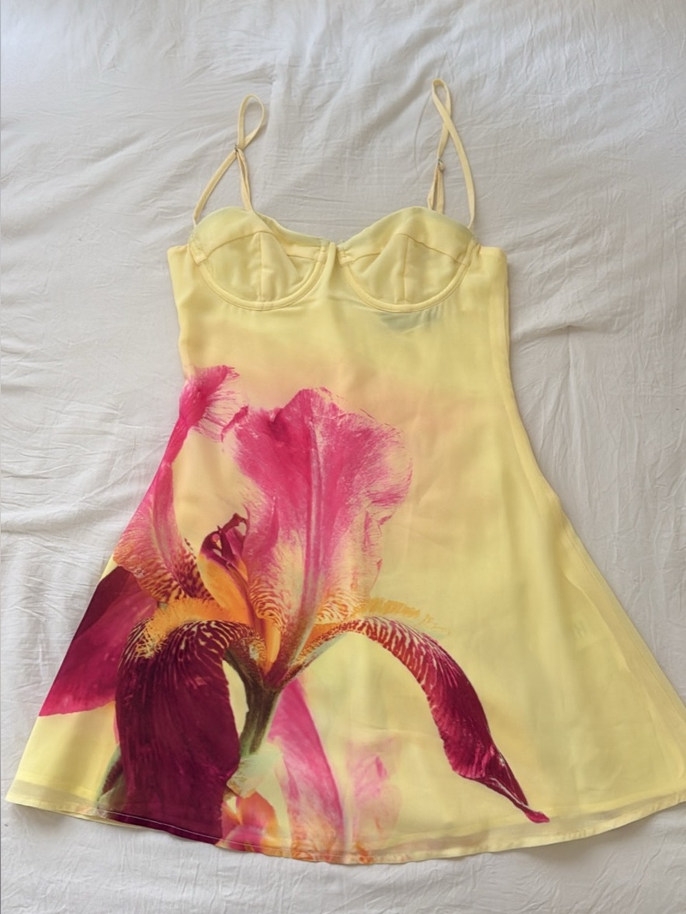 White Fox Boutique Yellow Slip Dress with Pink Floral Print